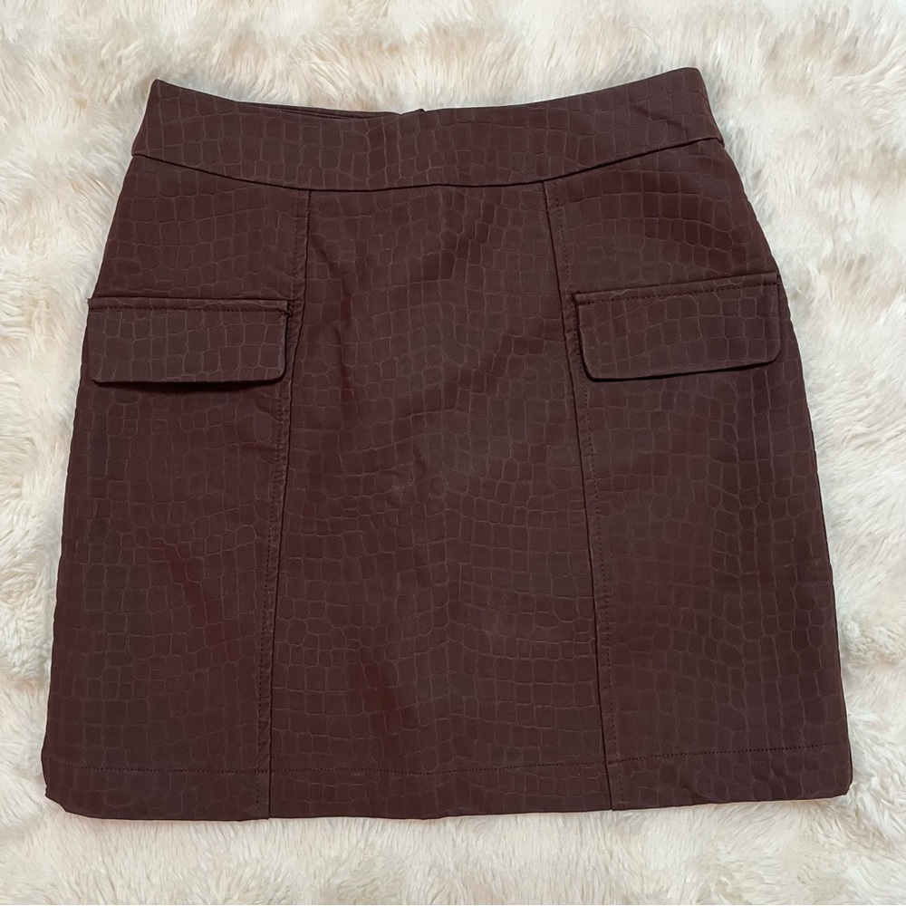Crescent Brown Faux Leather Embossed Mini Skirt